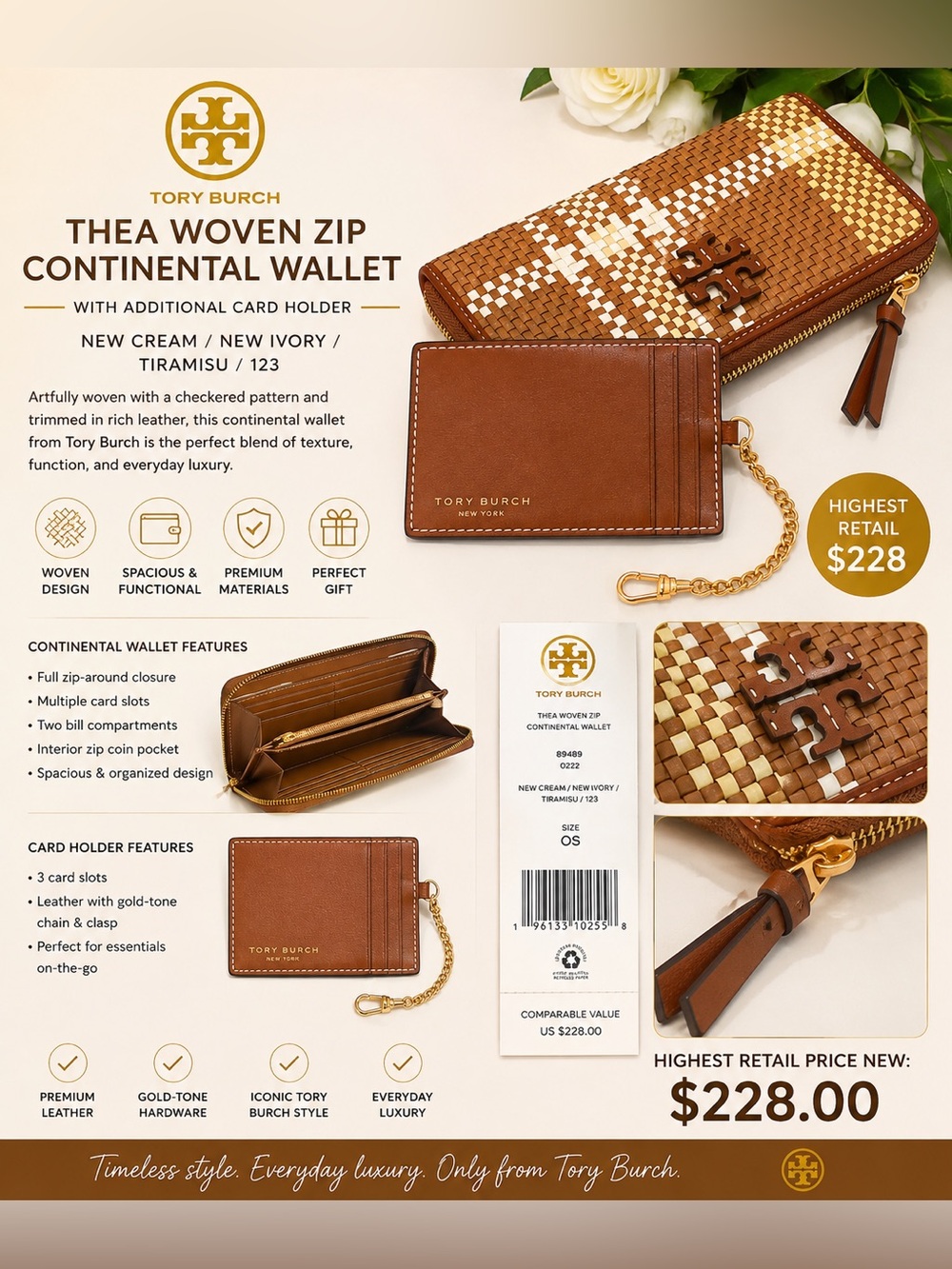 Tory Burch Thea Woven Zip Continental Wallet in Brown and Cream NWOT